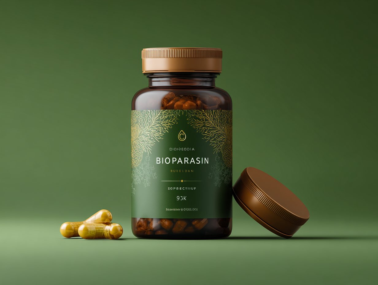 BioParasin természetes kapszulák csomagolása semleges háttéren, modern design, tiszta fehér doboz kék részletekkel